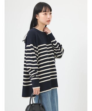 earth music&ecology ウォッシャブル脇スリットクルーネックプルオーバー Border Navy
