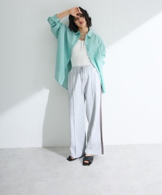 Green Parks 綿麻混レギュラーカラーＢＩＧシルエットシャツ Stripe Green