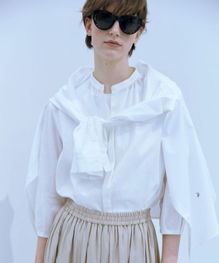 J.PRESS LADIES 【洗える・接触冷感・吸水速乾】麻SOLID バンドカラー シャツ ブラウス ホワイト系