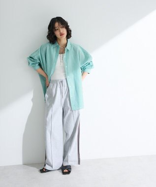 Green Parks 綿麻混レギュラーカラーＢＩＧシルエットシャツ Stripe Green