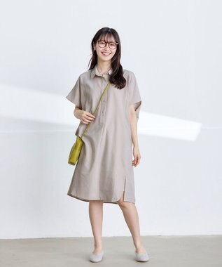 Tiaclasse 【洗える】フレンチスリーブリネンチュニックシャツ ベージュ