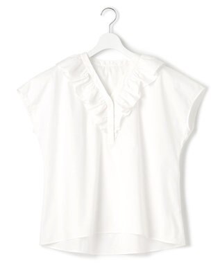 23区 L 【一部店舗限定/洗える】ハイカウントウェザーストレッチ フリル ブラウス ホワイト系