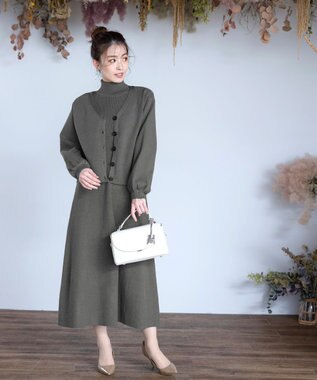 Tiaclasse 【洗える】大人上品なニットカーデ＋ワンピースセット グレー