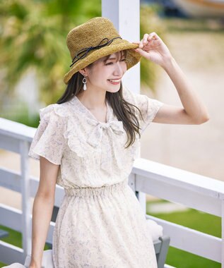 Tiaclasse 【洗える】花柄ボウタイフレアワンピース アイボリー