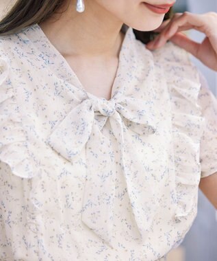 Tiaclasse 【洗える】花柄ボウタイフレアワンピース アイボリー