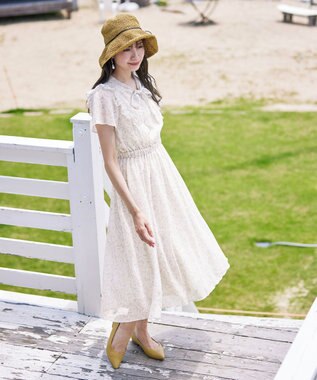 Tiaclasse 【洗える】花柄ボウタイフレアワンピース アイボリー