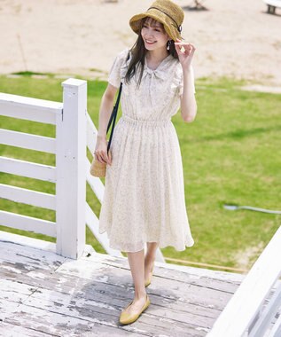 Tiaclasse 【洗える】花柄ボウタイフレアワンピース アイボリー