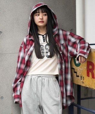 WEGO フードチェックシャツ レッド