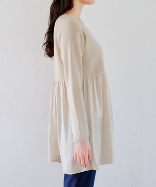 Tiaclasse L 【洗える】ヴィンテージサテンドッキングニットチュニック グレージュ