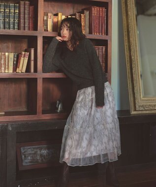 Feroux ニット×ティアードレース スカート グレー系