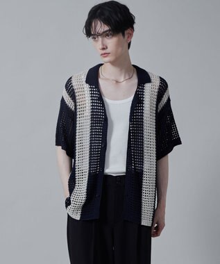 WEGO マルチストライプニットシャツ（S） ネイビー