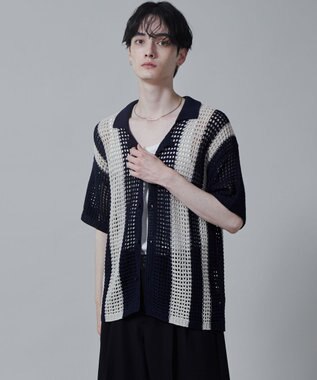 WEGO マルチストライプニットシャツ（S） ネイビー