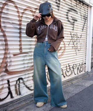 WEGO サイドラインワイドデニムパンツ デニム中濃加工色