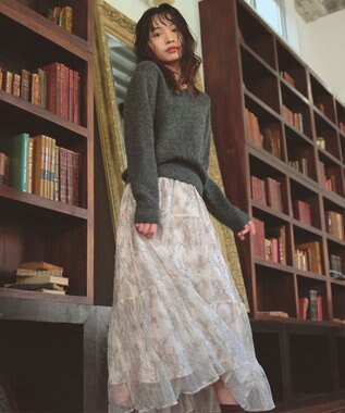Feroux ニット×ティアードレース スカート グレー系