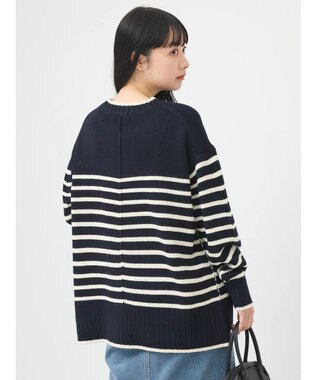 earth music&ecology ウォッシャブル脇スリットクルーネックプルオーバー Border Navy