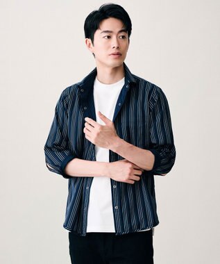 JOSEPH ABBOUD 【2WAY・リバーシブル・七分袖】リバーシブルストライプ シャツ ネイビー系1