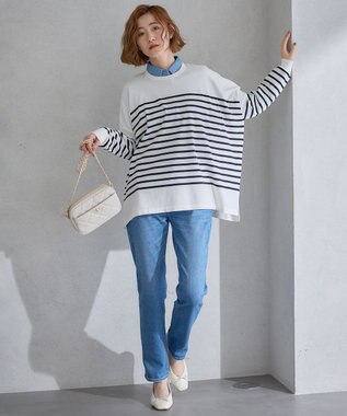 23区 L 【洗える】プレミアムビオコットン ビッグシルエット ニット オフホワイトxネイビーボーダー