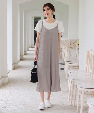 Tiaclasse 【2点セット・洗える】変形プリーツキャミワンピース＆Tシャツ グレージュ