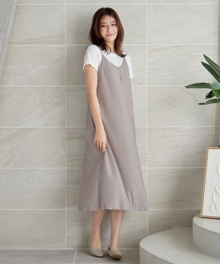 Tiaclasse 【2点セット・洗える】変形プリーツキャミワンピース＆Tシャツ グレージュ
