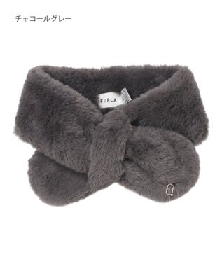 MOONBAT FURLA（フルラ）プチリボンマフラー  アーチロゴ フェイクファー チャコールグレー