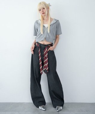 WEGO ワイドカーブデニムパンツ ブラックストライプ