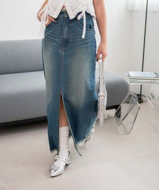 WEGO フリンジロングスリットデニムスカート デニム中濃加工色