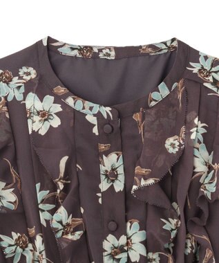 YECCA VECCA フラワー柄フリルプリーツワンピース Brown