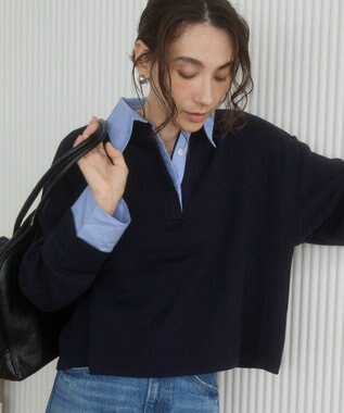 WEGO 【ANGIE VINTAGE】シャツ襟 ドッキング　フェイクレイヤード ニット トップス ネイビー