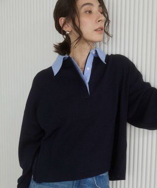 WEGO 【ANGIE VINTAGE】シャツ襟 ドッキング　フェイクレイヤード ニット トップス ネイビー