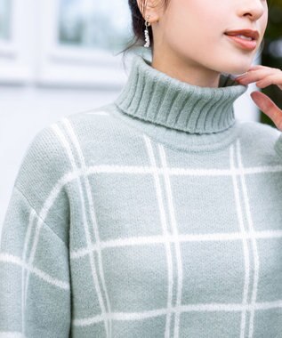 Tiaclasse L 【洗える】チェックジャガードニットチュニック ミント