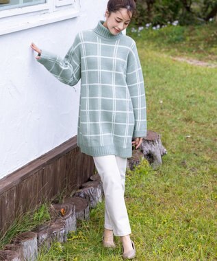 Tiaclasse L 【洗える】チェックジャガードニットチュニック ミント