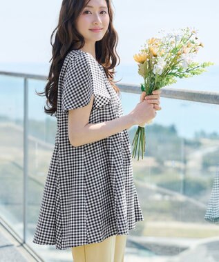 Tiaclasse L 【おのののかさん着用】半袖＆七分袖選べる袖丈バックフレアチュニック 半袖ギンガムチェック小