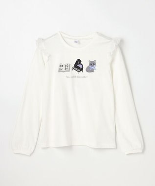 ANY KIDS おけいこモチーフ刺繍入り 長袖Tシャツ オフホワイト（ねこ×ピアノ）