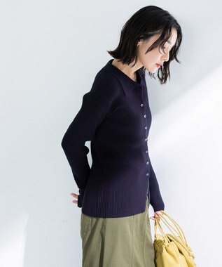 Green Parks 襟付きリブニットカーディガン Dark Navy