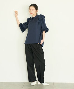 #Newans ロマンティックフリルディテールシャツ ネイビー