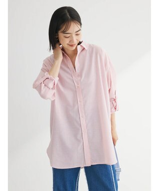 Green Parks 綿麻混タブ付オーバーサイズシャツチュニック Pink