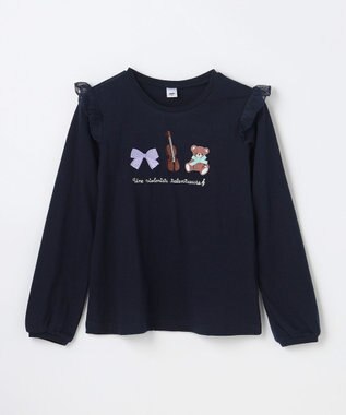 ANY KIDS おけいこモチーフ刺繍入り 長袖Tシャツ ネイビー（くま×バイオリン）