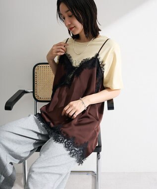 Green Parks レースドッキングサテンビスチェ Brown