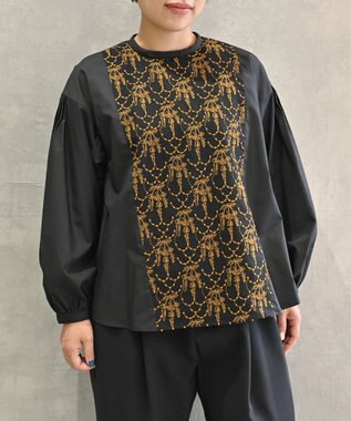 muuc 〈遠州織物の工場で織られた上質なコットン生地〉イラカ刺繍切り替え ボリューム袖 プルオーバーブラウス ブラック