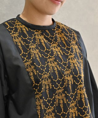 muuc 〈遠州織物の工場で織られた上質なコットン生地〉イラカ刺繍切り替え ボリューム袖 プルオーバーブラウス ブラック