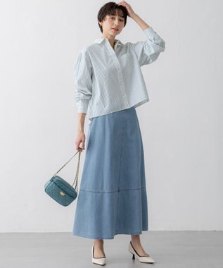 23区 【洗える】CANCLINI クロップド テントライン シャツ ホワイト×グリーンストライプ