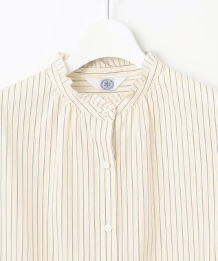 J.PRESS LADIES 【洗える】BEZ ドビーストライプ フリルネック ブラウス イエロー×グレーストライプ系