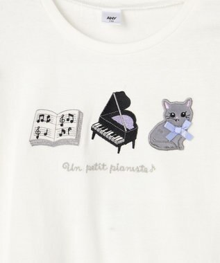 ANY KIDS おけいこモチーフ刺繍入り 長袖Tシャツ オフホワイト（ねこ×ピアノ）