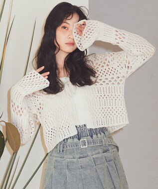 earth music&ecology フロントリボン透かし編みカーディガン