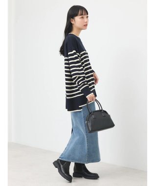 earth music&ecology ウォッシャブル脇スリットクルーネックプルオーバー Border Navy