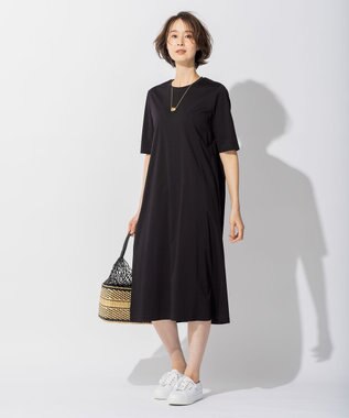 自由区 【洗える】リラックスジャージー クルーネックワンピース ブラック系