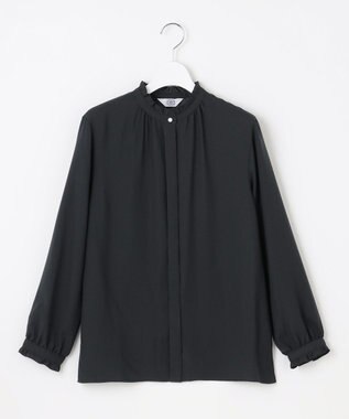 J.PRESS LADIES L 【洗える】ヌーディスバックサテン フリル襟 ブラウス ネイビー系