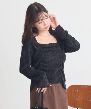 earth music&ecology プリーツベロア風ギャザープルオーバー Black