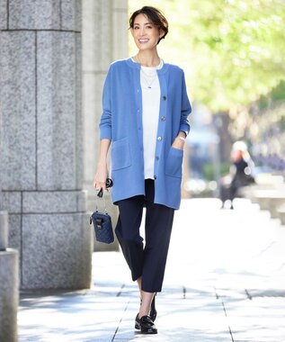 J.PRESS LADIES 【洗える】 ガスコットンアウター キーネック カーディガン ダルブルー系