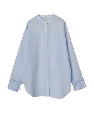 Green Parks シアーチェック袖ドロストシャツチュニック Sax